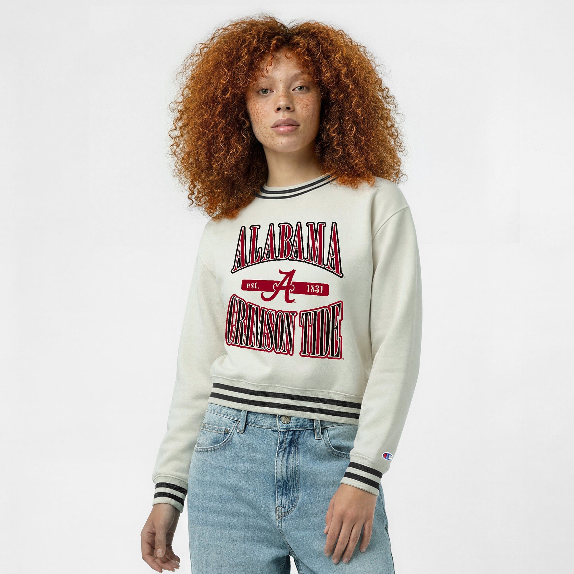 Women's Champion  White Alabama Crimson Tide Yarn Dye Rib Reverse Weave Crew Sweatshirt